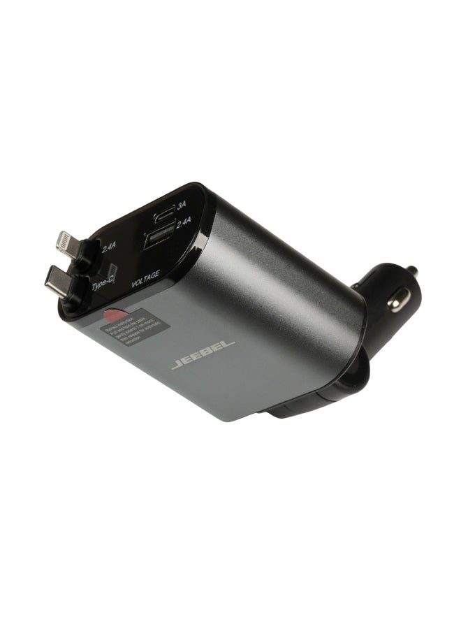 Jeebel Car charger with two cables, a Lightning cable, a retractable USB-C cable, a USB-C port and a USB port, a 120-watt multi-use fast charging charger - Image 1